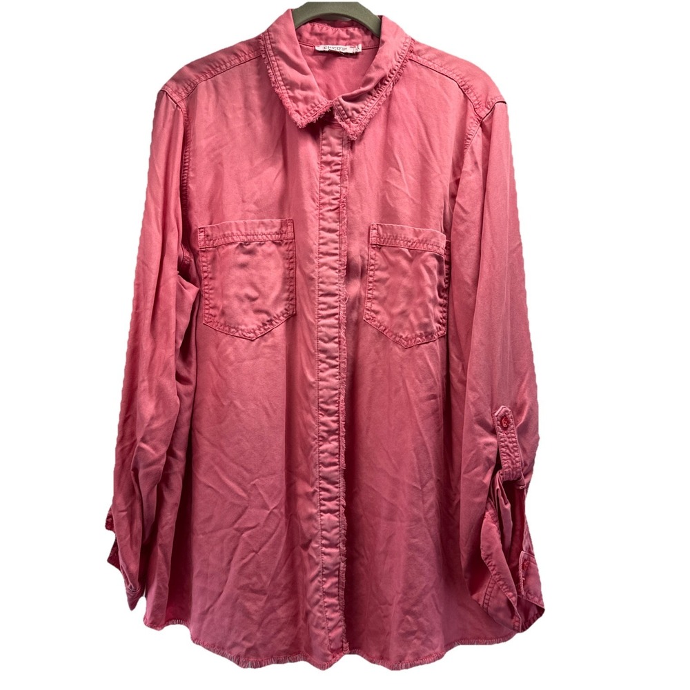 Chicos Womens Top Size XL Solid Pink Fringed Edges Long Sleeve Button Up Pockets